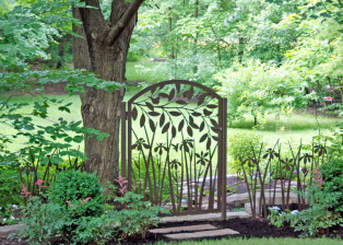 Leafy Branch over Iris Garden Gate by Trellis Art Designs