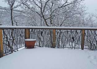 Cattails deck railing in snow by Trellis Art Designs